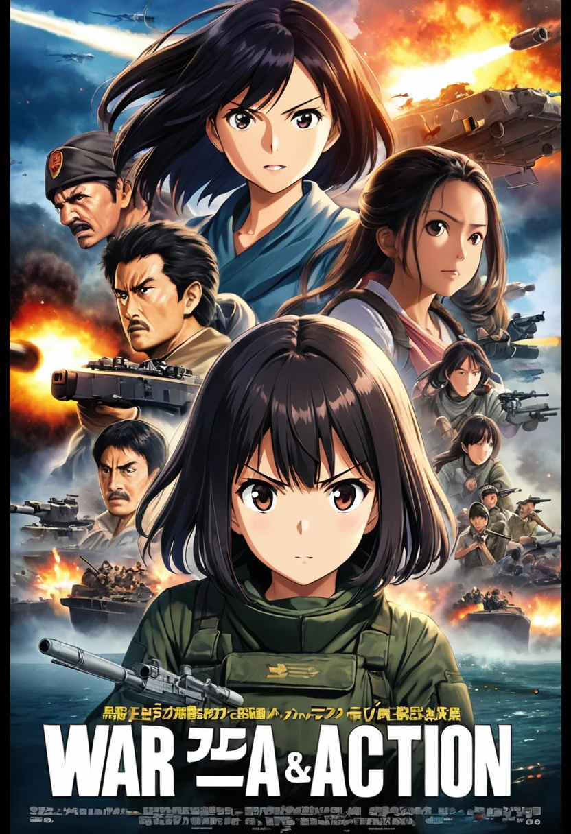 movieポスター,Anime Reference 86 ,sf,sf,movie,War Action movie,Multiple characters,woman,adult,Black Hair,(Pia&#39;s bangs hairstyle : 1.8 ),Wearing red glasses,Shogun&#39;s Uniform,White Commander Uniform,Realistic facial details,realism,3D Face,((Braided Hairstyles)),((Braided Hairstyles)),