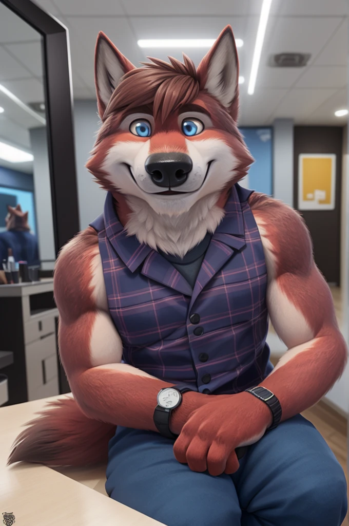 Ivan Fedorovich Wolfbach (Novosibirsk) ,tall handsome, wolf,young, 24 years, brown fur,Kind,(red body:1.3),beautiful blue eyes,Novosibirsk,dressed, plaid shirt,apron,jeans,canine, wolf, detailed fur, male,paw pads, finger claws,At the viewer, 5 fingers, paws, 5 fingers, smile, wrist watch, т nextel,by xenoforge, (difficult, high detail, digital photography, soft focus, RAW variety работает парикмахером,Very close to the camera, variety,Novosibirsk, smile, good mood, positive, Very close to the camera, holding scissors, At the hairdresser, stylist doing hairstyle, worth photorealism, realistic, photorealistic, digital style, Subsurface scattering,I look at the viewer,is sitting, looks at the mirror, men&#39;s cosmetics,
masterpiece, Best quality, ultra realistic, 8 thousand.)