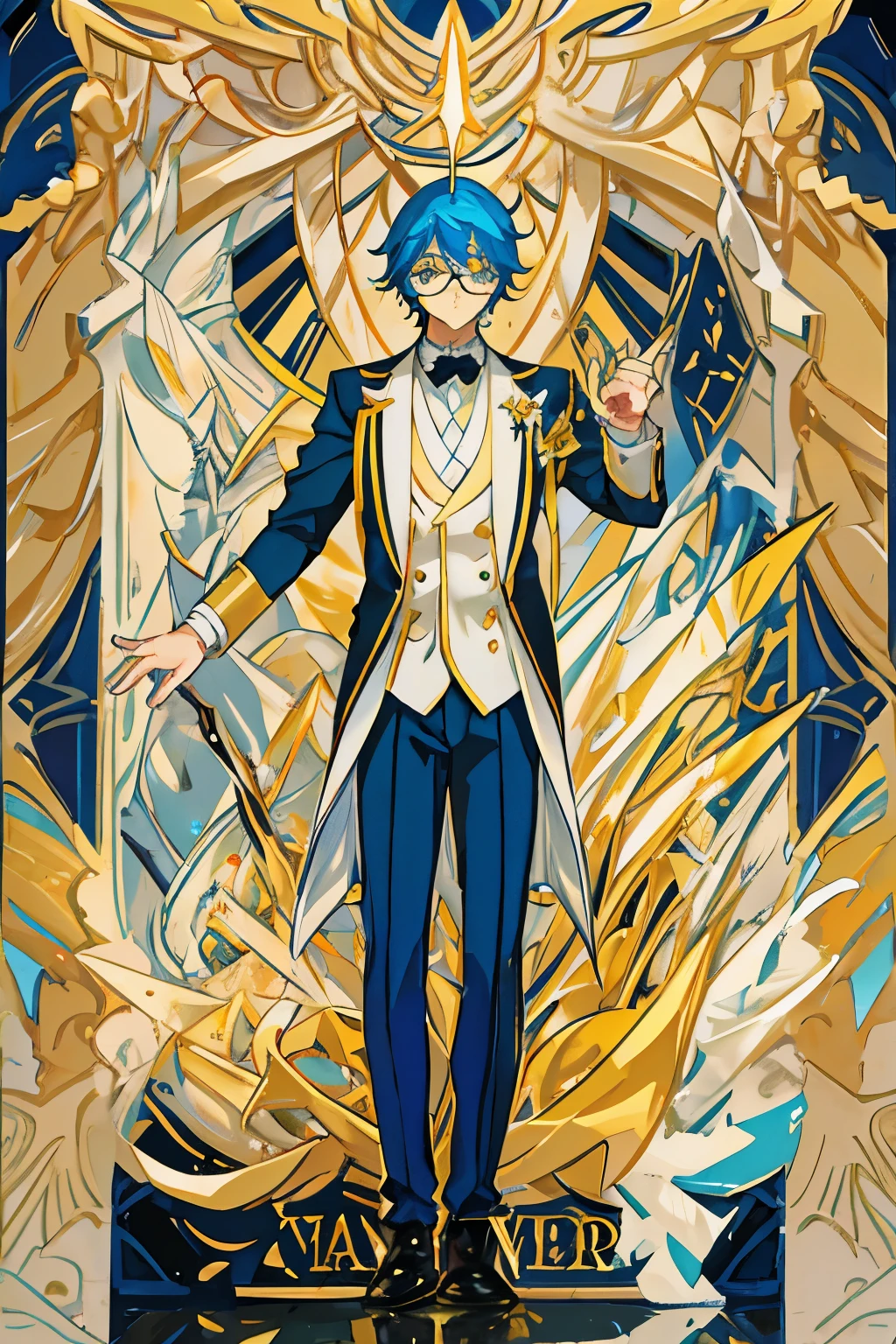 A Male Butler with Blue White and Yellow streaks on his hair going down wards and has Golden yellow eyes and his butler uniform has some Golden finishes with it and he has a Black Glasses 
