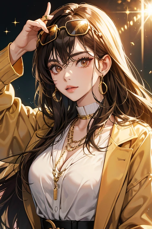 she has brown eyes with gold chained sunglasses and a gold money chain. SPARKLE; GLITTER