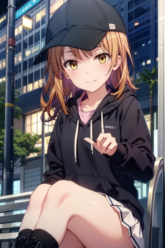 Irohaisshiki, isshiki iroha, Long Hair, Brown Hair, (Brown eyes:1.5), happy smile, smile, Close your mouth,blush,rain,night,Baseball hats,Pink oversized hoodie,mini skirt,Black pantyhose,short boots,Sitting on a bus stop bench、,Hidden in a covered building bus stop,whole bodyがイラストに入るように,
break outdoors, バス停
break looking at viewer,whole body,
break (masterpiece:1.2), Highest quality, High resolution, unity 8k wallpaper, (figure:0.8), (Beautiful attention to detail:1.6), Highly detailed face, Perfect lighting, Highly detailed CG, (Perfect hands, Perfect Anatomy),