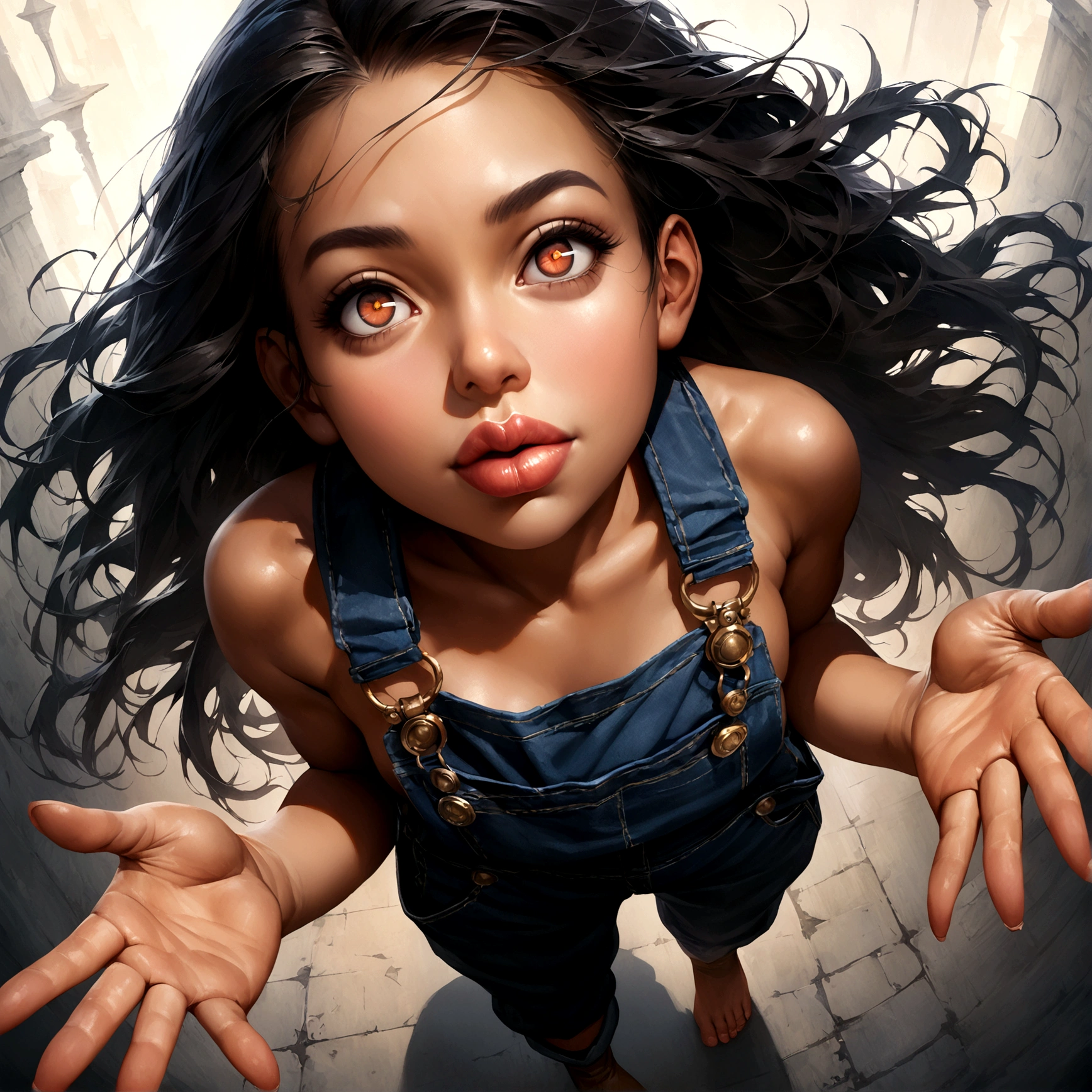 High-resolution image, masterpiece, full-body image, glamorous beauty with hair standing on end in the wind, double eyelids and sharp eyes, thick lips, realistic texture of tanned skin, loose overalls, sleeveless, boots on bare feet, gesture of jumping on the spot with both hands raised, angle from above and in the front, photorealistic, ink-colored background