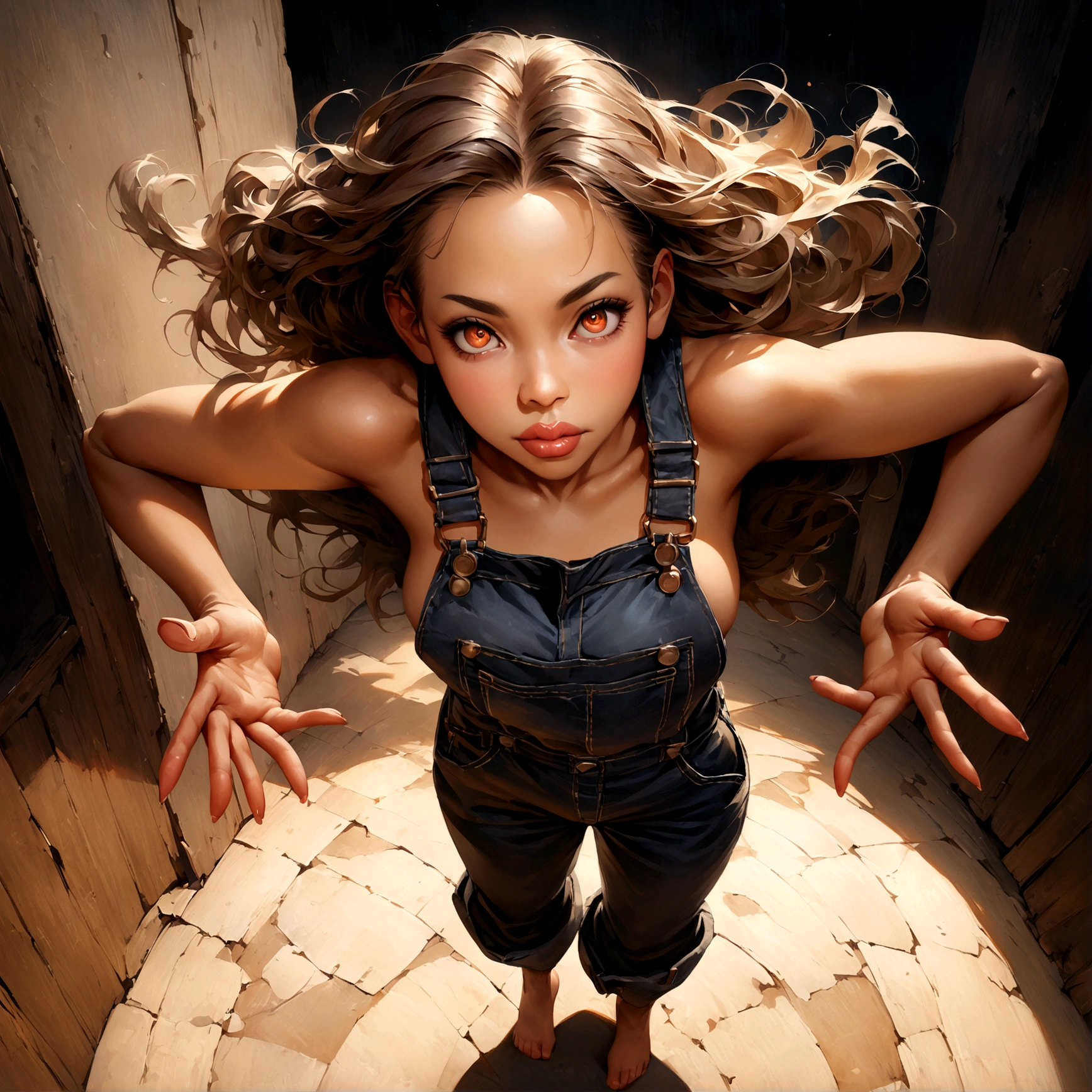 High-resolution image, masterpiece, full-body image, glamorous beauty with hair standing on end in the wind, double eyelids and sharp eyes, thick lips, realistic texture of tanned skin, loose overalls, sleeveless, boots on bare feet, gesture of jumping on the spot with both hands raised, angle from above and in the front, photorealistic, ink-colored background