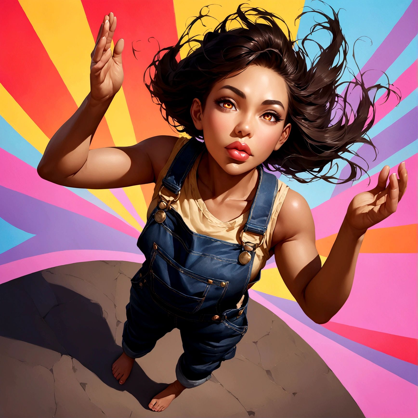 High-resolution image, masterpiece, full-body image, glamorous beauty with hair standing on end in the wind, double eyelids and sharp eyes, thick lips, realistic texture of tanned skin, loose overalls, sleeveless, boots on bare feet, gesture of jumping on the spot with both hands raised, angle from above and in the front, photorealistic, ink-colored background