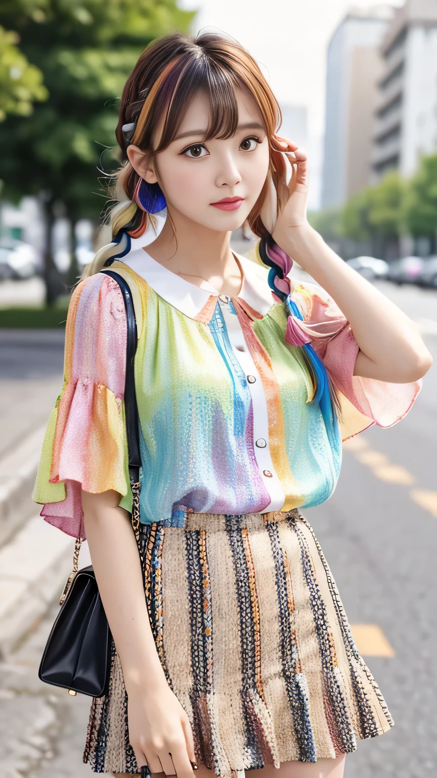Multicolored hair color、Bangs on the face、Bangs between the eyes、A strong wind blows my hair in front of my face、Beautiful big sparkling eyes, Cute eyes hidden by long bangs、Yawn、No visible nasolabial folds、Short micro mini skirt、Multicolored patterned blouse、Age 25、Blonde French braid hair