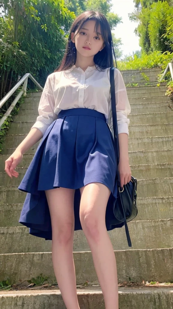 (((Composition from below、Every detail counts:1.32、Ultra-high resolution:1.1、masterpiece、8K)))、Japanese girl、A scene of a child ng down stone stairs on the way to school、Wearing school uniform、Uniform Details、White blouse、Blue sailor suit collar and ribbon、Blue mini pleated skirt、barefoot、Slip-ons、Black hair shoulder length、The bangs are lightly parted、Hair is smooth、Swaying in the strong wind、Eyes are large、Clear brown eyes、Long and delicate eyelashes、Carrying a big black backpack、His right hand is lightly touching the handrail of the stairs、The stairs are made of historic cobblestones、Sunlight gently illuminates、Skin is radiant with a healthy tone、