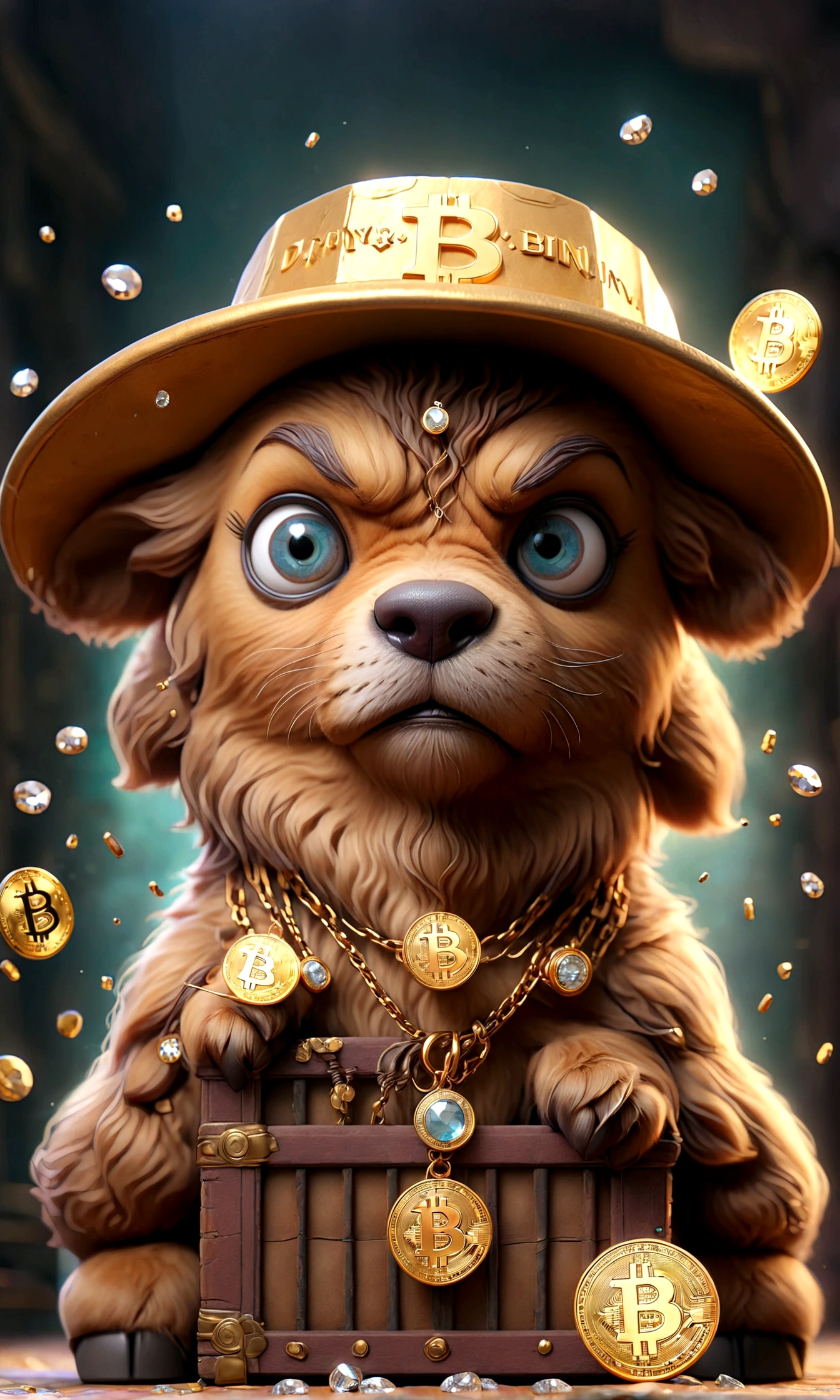 ,Cute puppy、Bitcoin、Cryptocurrency、rich、sunglasses、hat、hatのロゴに「D」It says in large letters:、Dynamic Jumps、Real、photograph、8K、cigar(((Too big diamond 1：9)))、Riding on a big diamond、Gold bars covering the entire wall、Jewels overflowing from a treasure chest(((D mark)))