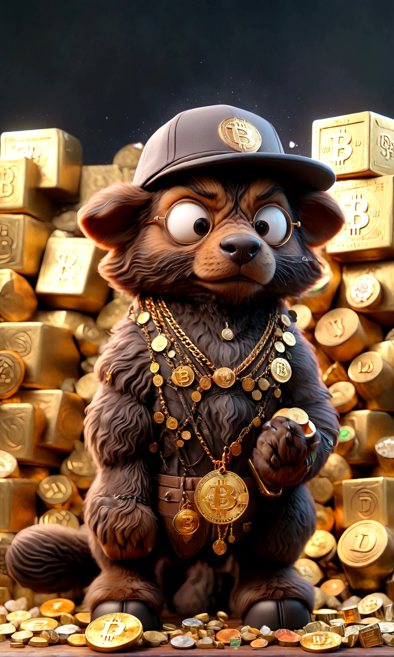 ,Cute puppy、Bitcoin、Cryptocurrency、rich、sunglasses、hat、hatのロゴに「D」It says in large letters:、Dynamic Jumps、Real、photograph、8K、cigar(((Too big diamond 1：9)))、Riding on a big diamond、Gold bars covering the entire wall、Jewels overflowing from a treasure chest(((D mark)))