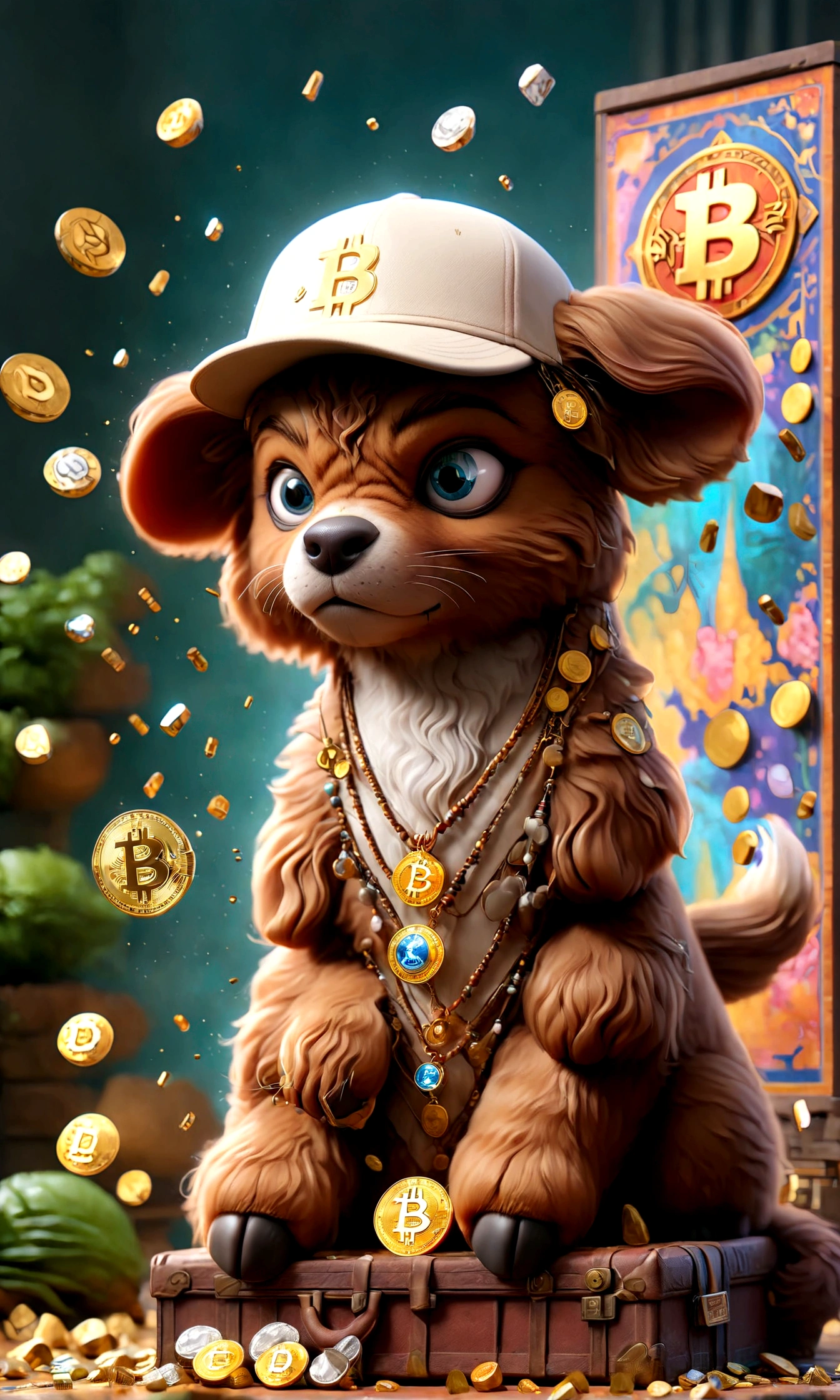 ,Cute puppy、Bitcoin、Cryptocurrency、rich、sunglasses、hat、hatのロゴに「D」It says in large letters:、Dynamic Jumps、Real、photograph、8K、cigar(((Too big diamond 1：9)))、Riding on a big diamond、Gold bars covering the entire wall、Jewels overflowing from a treasure chest(((D mark)))