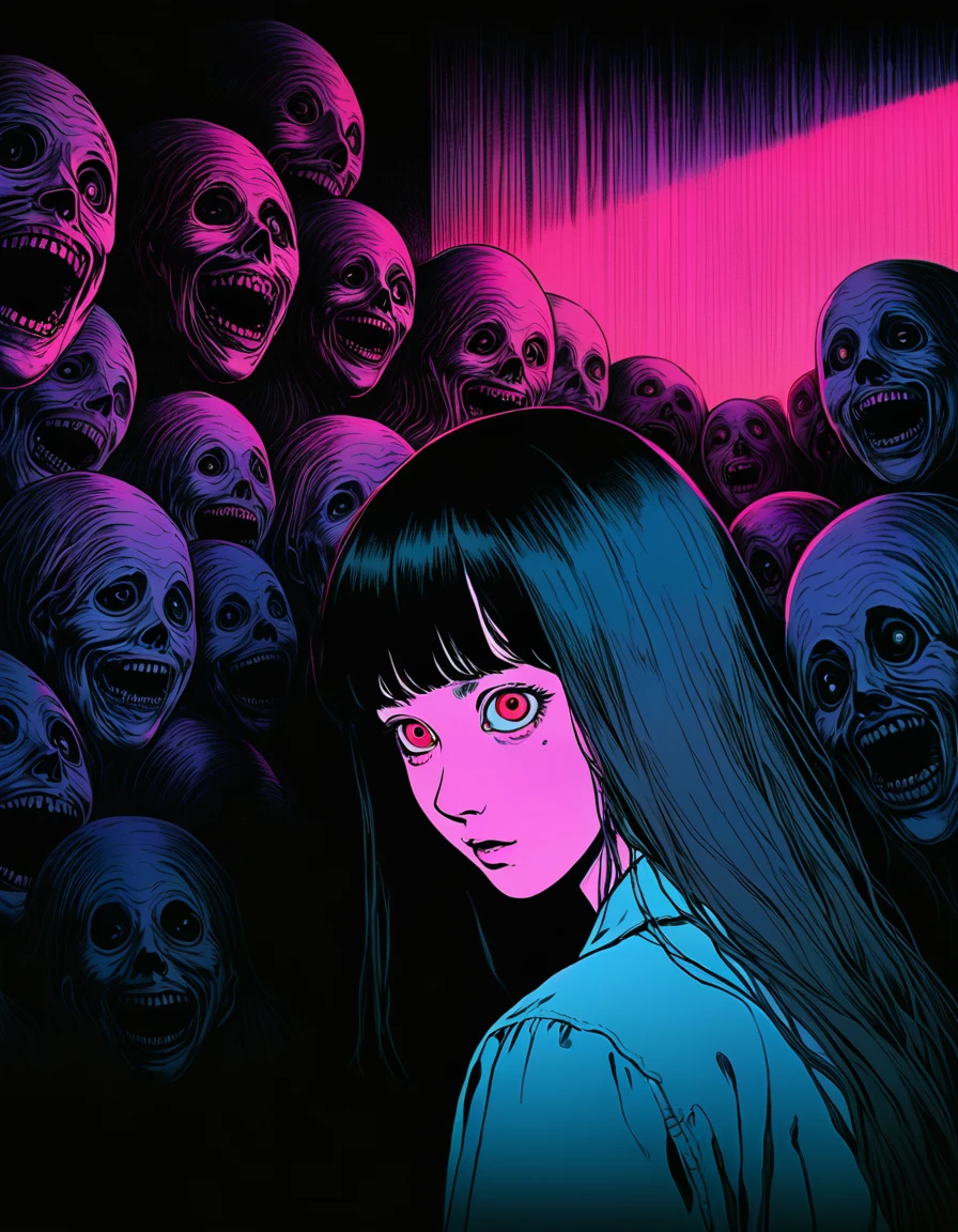 An illustration、art、Supervised by Junji Ito、ghost、hell、Evil spirits、High detail, Realistic shadows、Analog Style, VHS style, 8mm film, chromatic aberration, DVD Screen Grab、Complementary Gradient、Surrealism