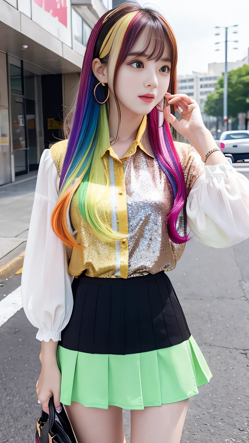Multicolored hair color、Bangs on the face、Bangs between the eyes、A strong wind blows my hair in front of my face、Beautiful big sparkling eyes, Cute eyes hidden by long bangs、Yawn、No visible nasolabial folds、Short micro mini skirt、Multicolored patterned blouse、Age 25、Blonde ponytail hair