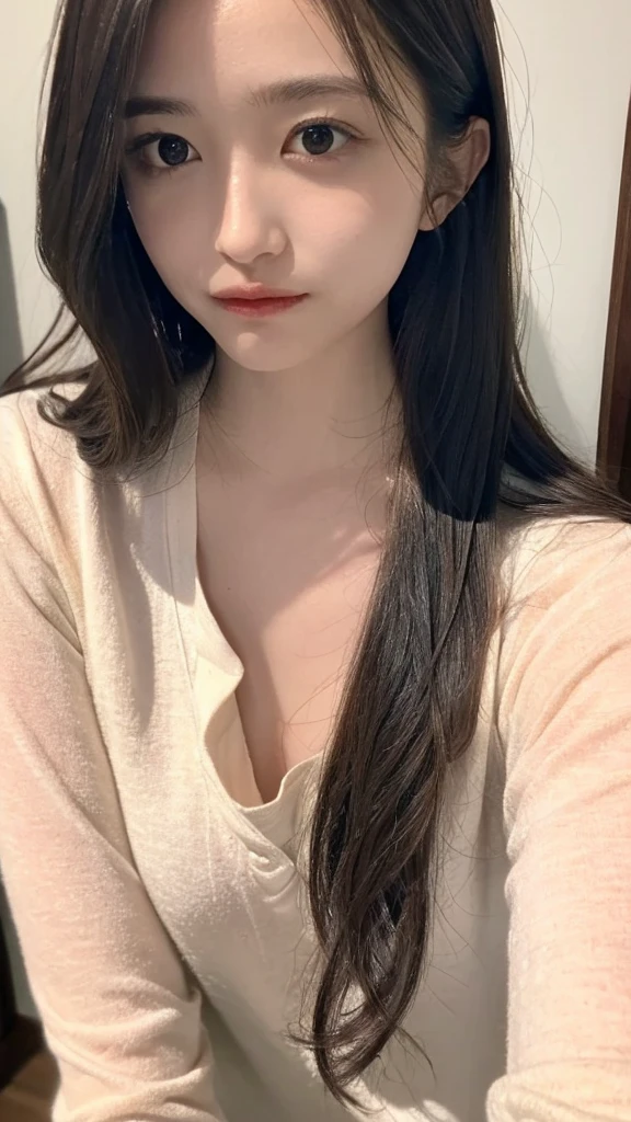 (((Ultra-high resolution、Close-up)))、Long, straight black hair frames her face、So that every single hair is clearly visible、Depicts subtle color changes depending on the amount of light hitting the subject、The skin is white and smooth、Has a natural glow、Fine skin texture、Representing the fine details of pores、amountや頬に薄い赤みがある部分を詳細に、The eyes are almond-shaped and dark brown.、Fine details of the iris、Depicts color gradations and patterns、Long, natural-looking eyelashes, each and every one visible、Well-groomed eyebrows、indivual々The hair is clearly visible、Light reflects off into the eyes、Create small highlights、noseは繊細で、nose孔の細かいディテールがある、Lips are plump and naturally pink、Depicts the fine lines and soft curves of the lips、Shiny、Accentuate the shape、Detailed depiction of lip texture、Particular attention to the depiction of light and shadow、Soft natural light gently illuminates the face from the front、amount、nose、Creates a subtle glow on the cheeks、Shadows are cast softly along the contours of the face、cheekbone、Jaw Curve、noseの側面を強調、The gloss of her lips reflects the light faintly.、Emphasizes plump texture、The shadow of the hair adds depth and dimension.、indivual々The hair shines in the light、The background is simple and blurred.、Focus on the face、In the highest quality、Representing the utmost detail