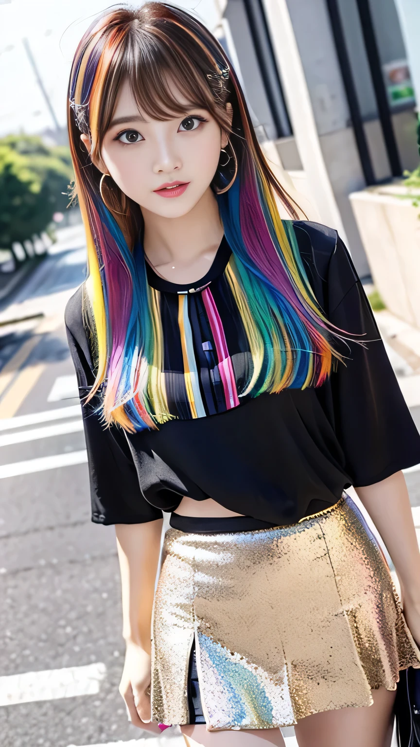 Multicolored hair color、Bangs on the face、Bangs between the eyes、A strong wind blows my hair in front of my face、Beautiful big sparkling eyes, Cute eyes hidden by long bangs、Yawn、No visible nasolabial folds、Short micro mini skirt、Multicolored patterned blouse、Age 25、Blonde ponytail hair