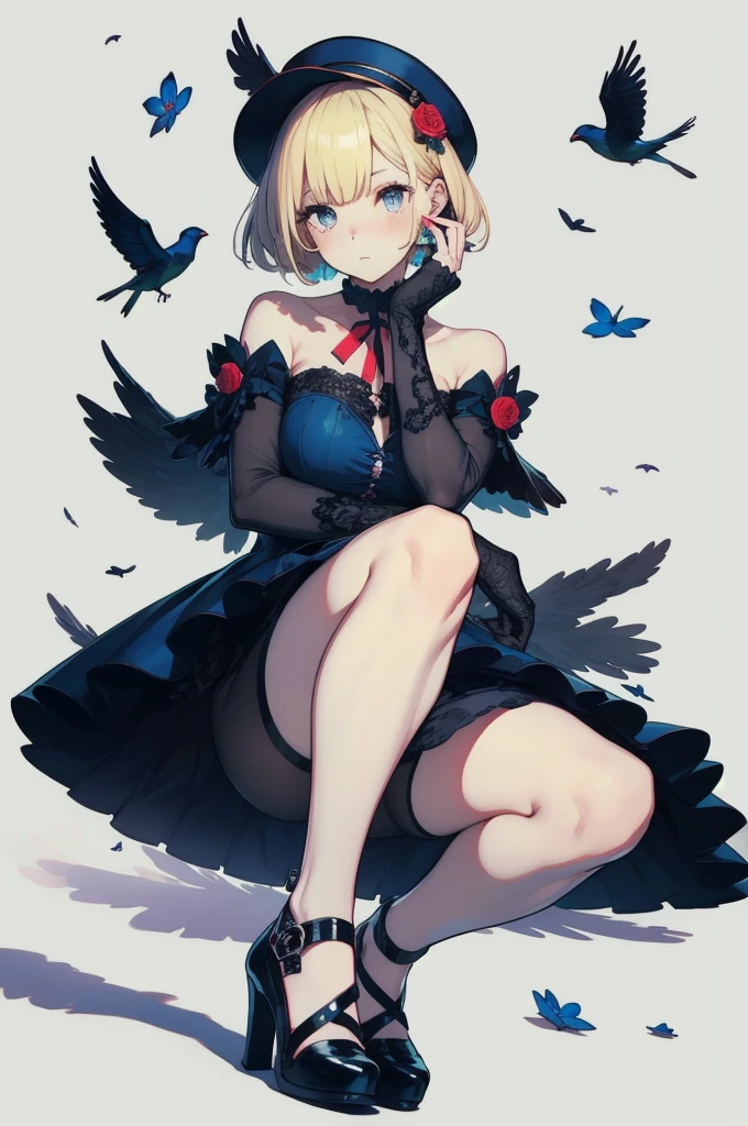 Uekura, One girl, Blonde, White Background, Have, dress, Blue footwear, wing, Simple Background, sign, flower, Manicure, Wide sleeves, Long sleeve, blush, animal, white flower, alone, whole body, bird, View your viewers, High heels, Put your hand on your cheek, put your hand on your face, Frills, bow, bangs, ribbon, Bell, Blue hat, +_+, shoes下, short hair, Grey Eyes, shoes, Blue Claws, feathered wing, blue bow