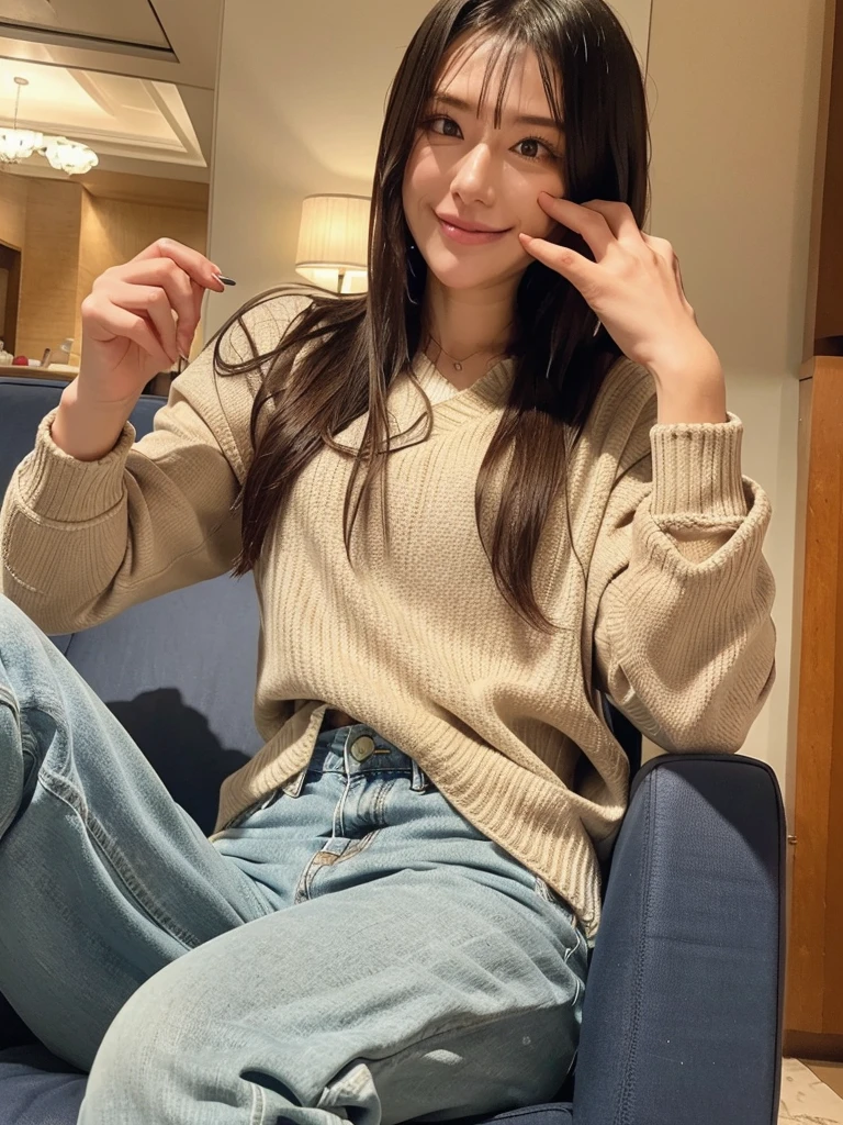 rie,One Woman,(best quality), (ultra detailed), (absolutely resolution),Face is front, 28 years old, Raise both hands, Long jacket and fitted jeans, The color of the clothes is denim blue., The pattern on the clothes is tight, Brown Hair, smile, Relaxing in the hotel lounge