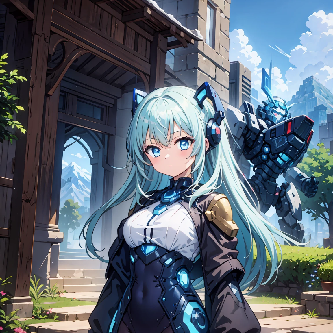 Anime, 2 Characters, (1 Little Anime Girl, Silver Blue Hair, blue glowing star-shaped eyes); (1 Robot, Mech, Tall, Cape, Luminous Eyes, Chunky, Fantasy, Lights, outdated, old style, bronze silver), Nature, Biomes with mountains