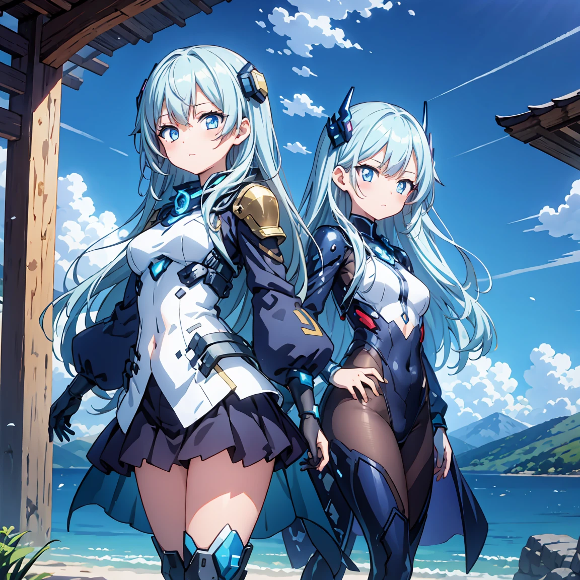 Anime, 2 Characters, (1 Little Anime Girl, Silver Blue Hair, blue glowing star-shaped eyes); (1 Robot, Mech, Tall, Cape, Luminous Eyes, Chunky, Fantasy, Lights, outdated, old style, bronze silver), Nature, Biomes with mountains