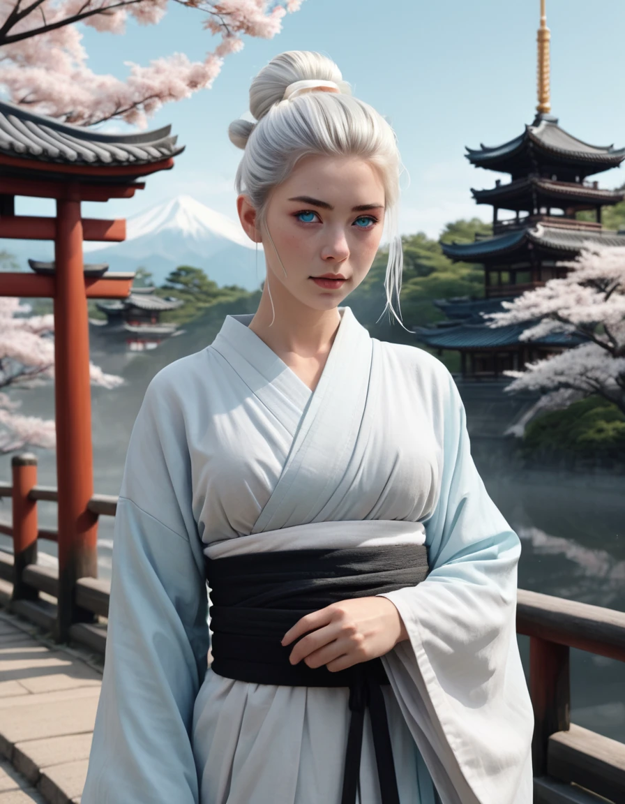 12th girl character concept, light blue eyes white geisha hair styled in a bun flowy loose clothing in light colors, vector illustration, dreamy colors black, gray and white colors, nature colors, 8k, super detail, high quality, anatomically correct, best quality