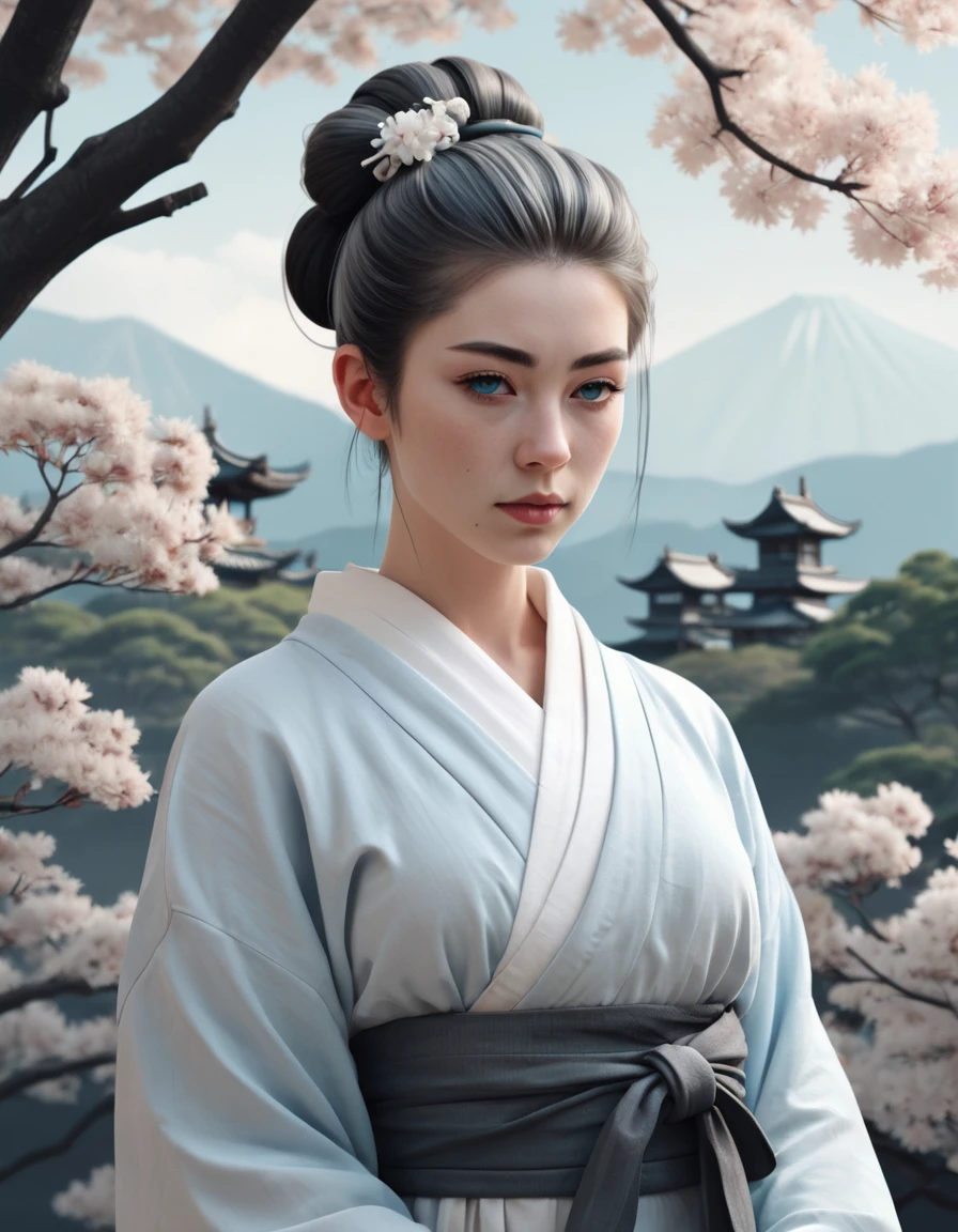 12th girl character concept, light blue eyes white geisha hair styled in a bun flowy loose clothing in light colors, vector illustration, dreamy colors black, gray and white colors, nature colors,  8k, super detail, high quality, anatomically correct, best quality