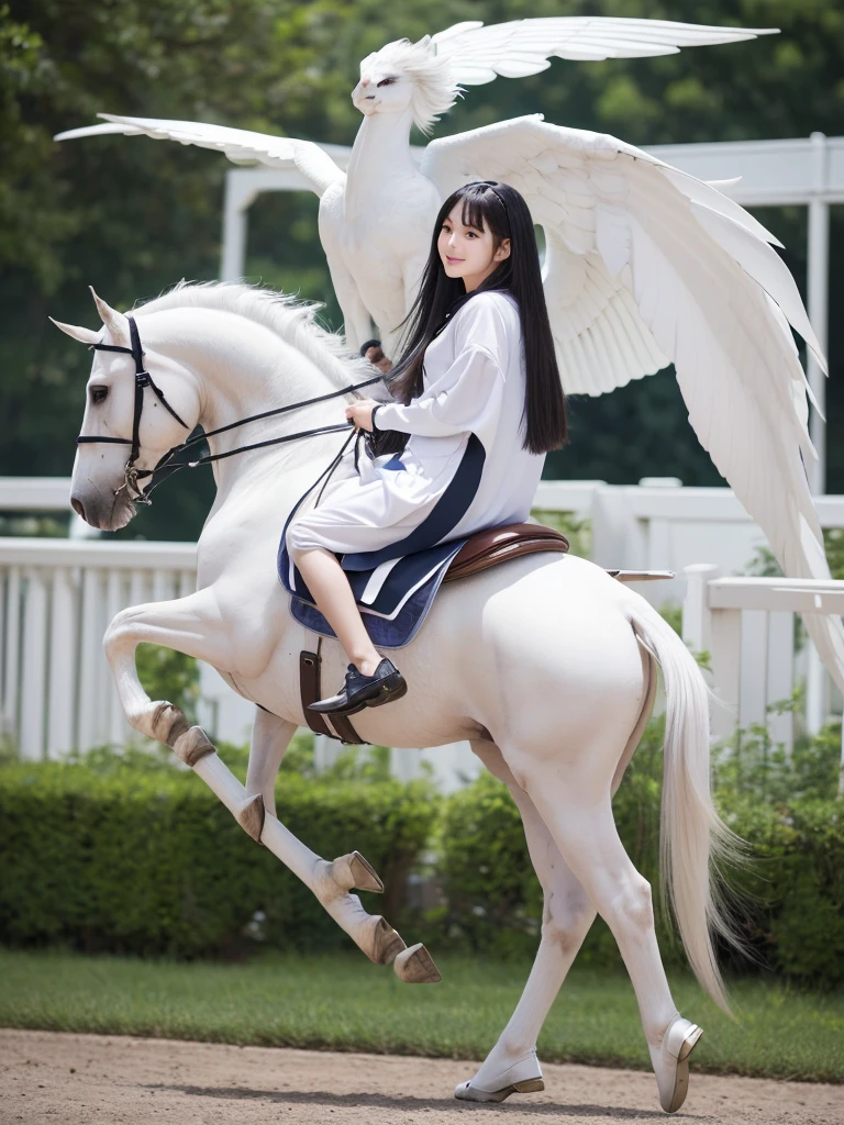 (((Highest quality, masterpiece, Ultra-high resolution, Realistic:1.4, RAW Photos, 非常にdetailed, Perfect Anatomy, A fair-skinned 18-year-old girl riding a pure white Pegasus,Full body photo, The most famous Japanese actresses)))((Highest quality)), ((masterpiece)), (detailed), One girl, sexy,A cute 18-year-old girl with long black hair and wearing a pure white tight-fitting zentai-style outfit is riding a Pegasus.,The pure white Pegasus is about to take flight,Impressive