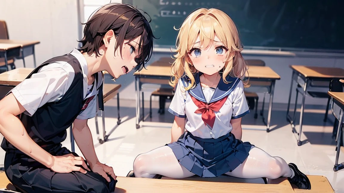 Highest quality,Highest quality,One girl,One boy,((((10 years old)))),Flat Chest,orgasm,blush, Sweat, Sakurai Momoka,Blonde,White Sarah Outfit,Navy Blue Skirt, Not a pleated skirt,whole body,classroom, Grey pantyhose、Flipping up a navy blue skirt、Spread your legs