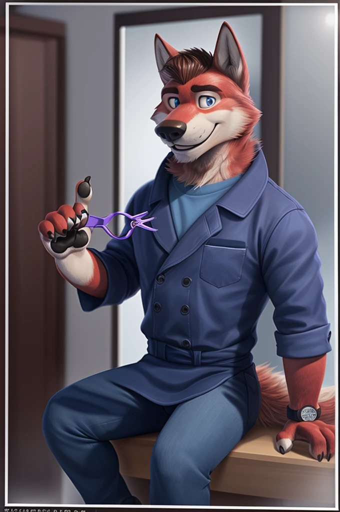 Ivan Fedorovich Wolfbach (Novosibirsk) ,tall handsome, wolf,young, 24 years, brown fur,Kind,(red body:1.3),beautiful blue eyes,Novosibirsk,dressed, plaid shirt,apron,jeans,canine, wolf, detailed fur, male,paw pads, finger claws,At the viewer, 5 fingers, paws, 5 fingers, smile, wrist watch, т nextel,by xenoforge, (difficult, high detail, digital photography, soft focus, RAW variety работает парикмахером,Very close to the camera, variety,Novosibirsk, smile, good mood, positive, Very close to the camera, holding scissors, At the hairdresser, stylist doing hairstyle, worth photorealism, realistic, photorealistic, digital style, Subsurface scattering,I look at the viewer,is sitting, looks at the mirror, men's cosmetics,
masterpiece, Best quality, ultra realistic, 8 thousand.)