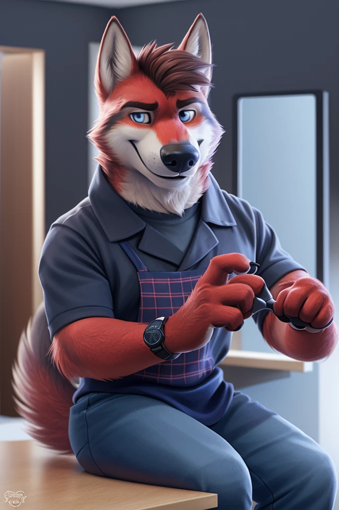 Ivan Fedorovich Wolfbach (Novosibirsk) ,tall handsome, wolf,young, 24 years, brown fur,Kind,(red body:1.3),beautiful blue eyes,Novosibirsk,dressed, plaid shirt,apron,jeans,canine, wolf, detailed fur, male,paw pads, finger claws,At the viewer, 5 fingers, paws, 5 fingers, smile, wrist watch, т nextel,by xenoforge, (difficult, high detail, digital photography, soft focus, RAW variety работает парикмахером,Very close to the camera, variety,Novosibirsk, smile, good mood, positive, Very close to the camera, holding scissors, At the hairdresser, stylist doing hairstyle, worth photorealism, realistic, photorealistic, digital style, Subsurface scattering,I look at the viewer,is sitting, looks at the mirror, men's cosmetics,
masterpiece, Best quality, ultra realistic, 8 thousand.)