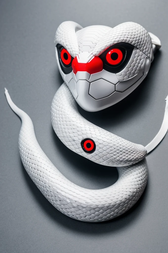 Create a futuristic mask of a white snake with red eyes