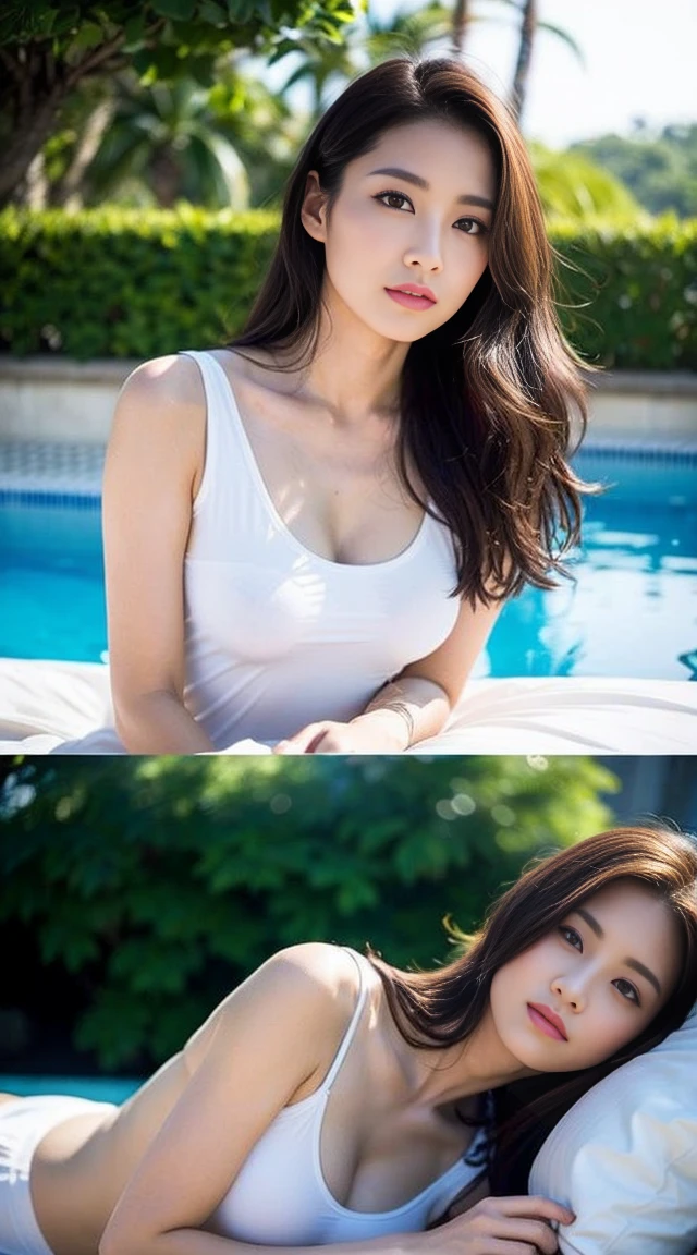 Dark brown hair、Light brown eyes、Japanese actress、 Lady、I am about 40 years old..、(Intricate details:1.2)、(Which one is on top??:1.4)、 (Ultra-high resolution:1.2)、Ultra-high resolution、(Finely tuned)、(Detailed facial features)、Hmph、8K resolution、D cup size breasts、Hair length、By the pool、Venice hotel pool、Venice hotel pool、Sitting on a beach bed iBy the pool、You can see the pool in the back、Extravagant space、relax、Crop T-shirt and skirt、The hem of the skirt flutters in the wind.、,Full body photo、Head to toe shot、lying on a beach bed、Photographed while lying on a beach bed、Lie down with your buttocks up、Accentuate your breasts、Gentle expression、