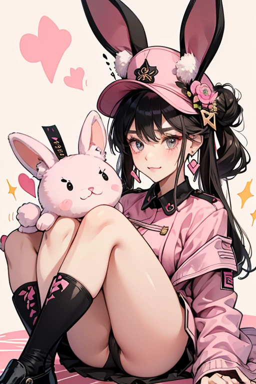 Bunny Hun has black hair in a bun, gold loop earrings, and a pink military hat. Bunny Hun has grey fur, eyes with several lashes, pink nose, and black shoes with white soles. She has "lop" ears, or ears that hang down. SPARKLE; GLITTER