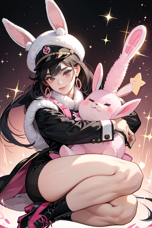 Bunny Hun has black hair in a bun, gold loop earrings, and a pink military hat. Bunny Hun has grey fur, big black eyes with several lashes, pink nose, and black shoes with white soles. She has "lop" ears, or ears that hang down. SPARKLE; GLITTER