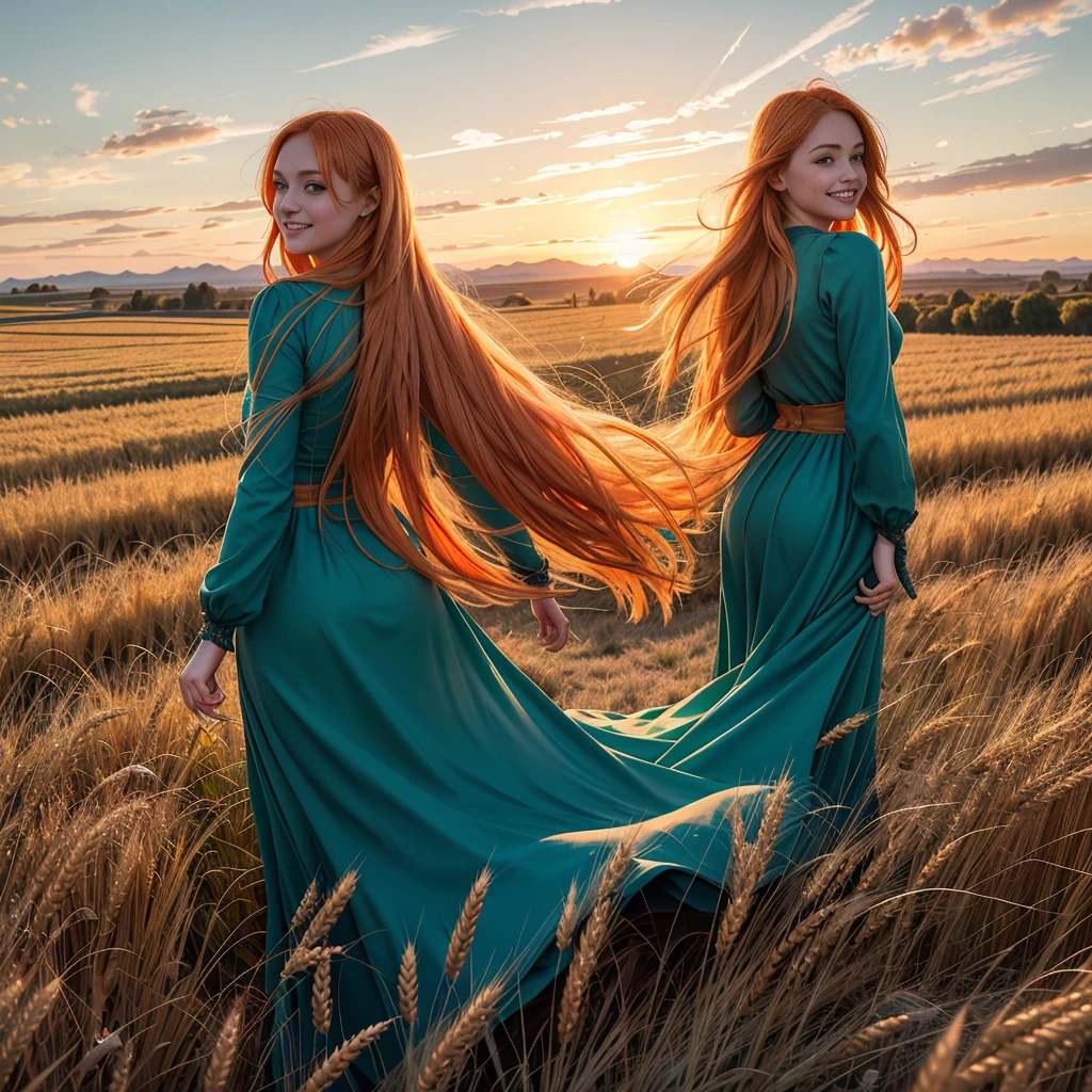 1 girl, solo, long orange hair, running, (high wheat field), turning around, emerald eyes, long blue dress, middle ages, medieval outfit, long sleeves sunset, light from behind, shadow on the figure, smile, laughter, (blue sky), against the background of wheat, standing in the distance, looking at the viewer, full-length