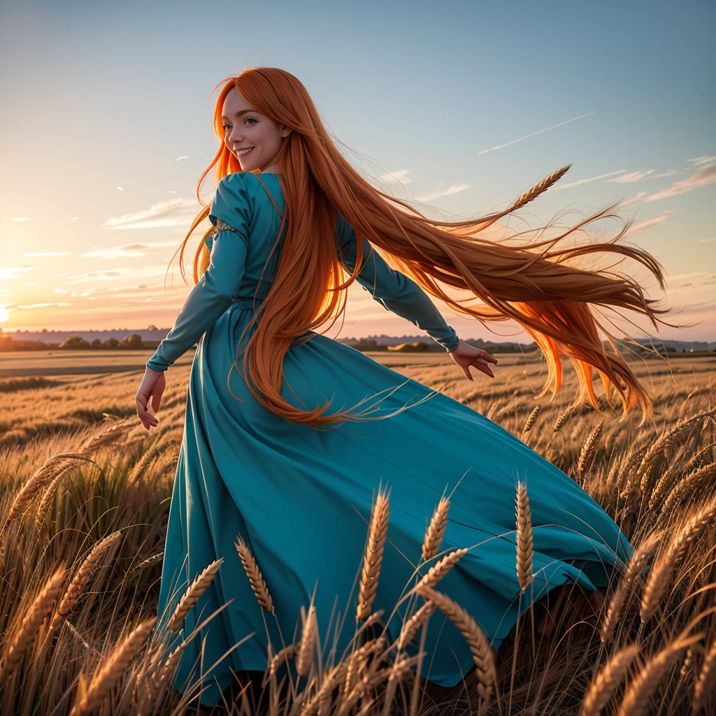 1 girl, solo, long orange hair, running, (high wheat field), turning around, emerald eyes, long blue dress, middle ages, medieval outfit, long sleeves sunset, light from behind, shadow on the figure, smile, laughter, (blue sky), against the background of wheat, standing in the distance, looking at the viewer, full-length