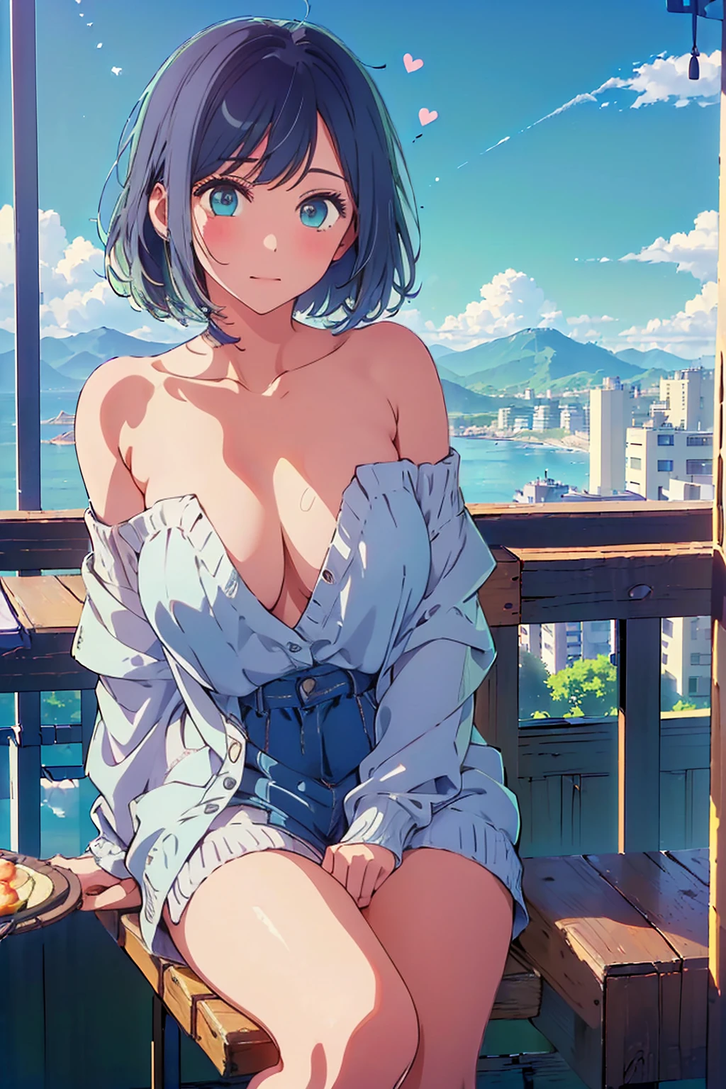 (Highest quality:1.4、masterpiece:1.4、Super detailed:1.4、Ultra-high resolution:1.4、8K:1.4)、Slim body、Big Breasts、((((1 person、Surprised expression、sit、Chair、In the background are the urban buildings of Tokyo、looking at the camera、coastal、Outdoor café terrace、juice、Get up close and take a photo、table、Very cute face))))、((((nude、very beautiful areola))))、(Pose with hands tucked behind ears:1.4、Cheek resting on hand:1.4)、(((Take off the off-the-shoulder cardigan)))、Very blue sky、A completely cloudless sky