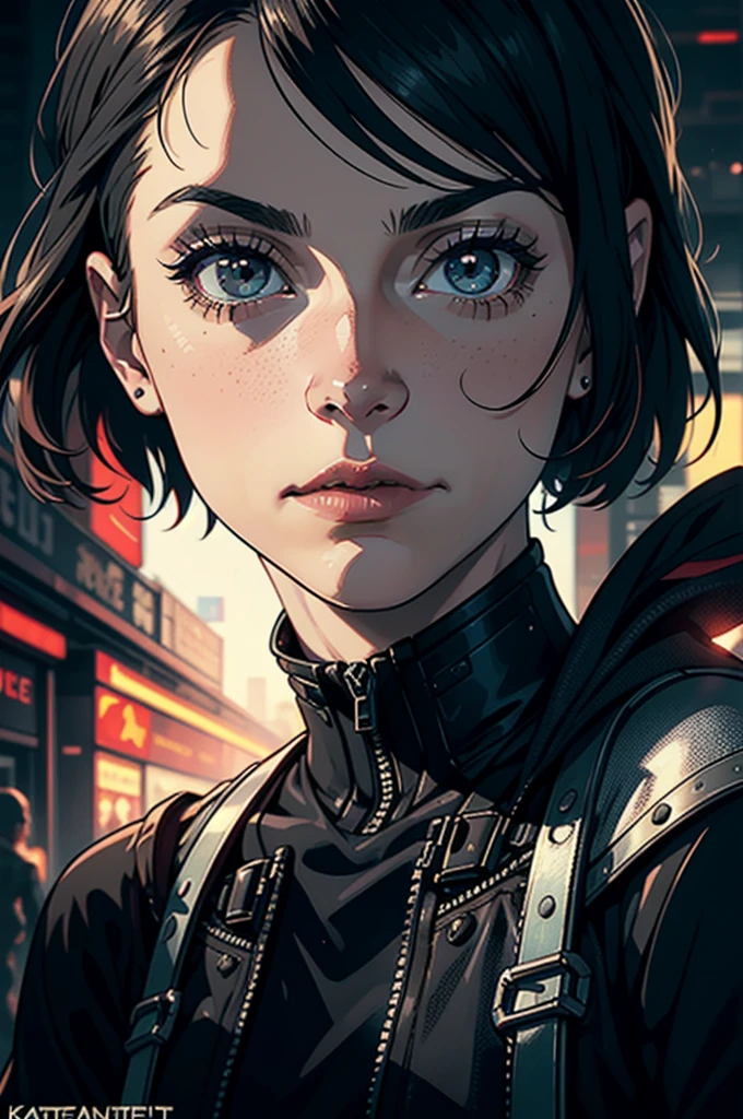 (cyberpunk military scientist:1) (1 Female) Dark Theme :: Focus on close-up face, curious face, Katee Sackhoff&#39;s face, Ultra realistic futuristic cyberpunk tall athletic woman, :: Medium brown hair, Futuristic glasses geek :: Cyberpunk office interior :: Brown eyes :: Natural light :: Bokeh :: 8K :: Highest quality :: masterpiece :: Very detailed:1.5