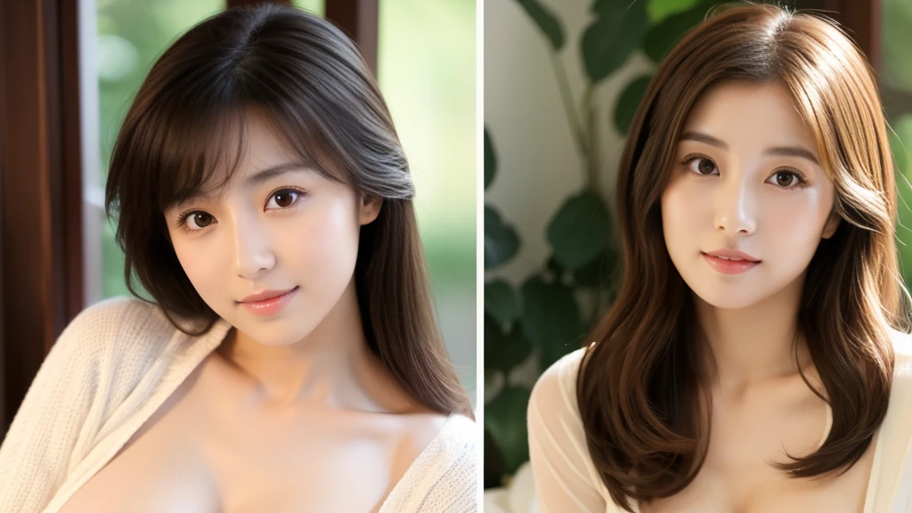 Ultra-realistic、high resolution、High resolution 8K photo-realistic images。A scene showing two Japanese sisters with completely different looks together。My sister has , a beautiful face, and long black hair.、Gentle eyes、With an elegant atmosphere。My sister is short and has short brown hair.、Lively expression、She has a baby face and big breastssexy casual clothes.。Tbackground is a sunny rose、Glass vase In the bedroom、Warm natural light pours in。The details of both faces are clearly visible.、So that each individual's personality stands out。Create a photo book-like page layout。