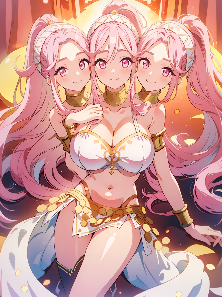 (masterpiece, best quality), best resolution, (3heads:1.5), 1girl, pink hair, long flowing hair, smiling, soft smile, open belly, white crop top, white miniskirt, open breasts, huge tits, sexy pose, ponytail, golden headband, 
