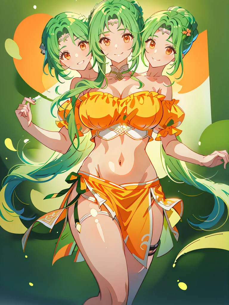 (masterpiece, best quality), best resolution, (3heads:1.5), 1girl, green hair, long flowing hair, smiling, grinning, open belly, white-orange crop top, orange-white miniskirt, open breasts, huge tits, curls, sexy pose, ponytail,
