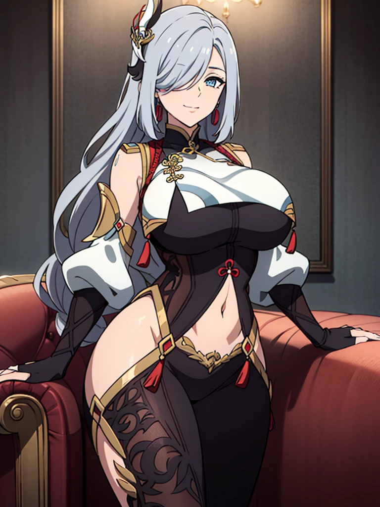earrings, braided ponytail, puffy sleeves, gold trim, gloves, bodysuit, breast curtain, shoulder cutout, covered navel, hip vent, clothing cutout, tassel, (luxury livingroom background), ShenheV4, anime cels style, best quality, high resolution, 1girl, (huge breasts:1.2), beautiful face, grey hair, long hair, hair ornament, hair over one eye, blue eyes, cowboy shot, smiling