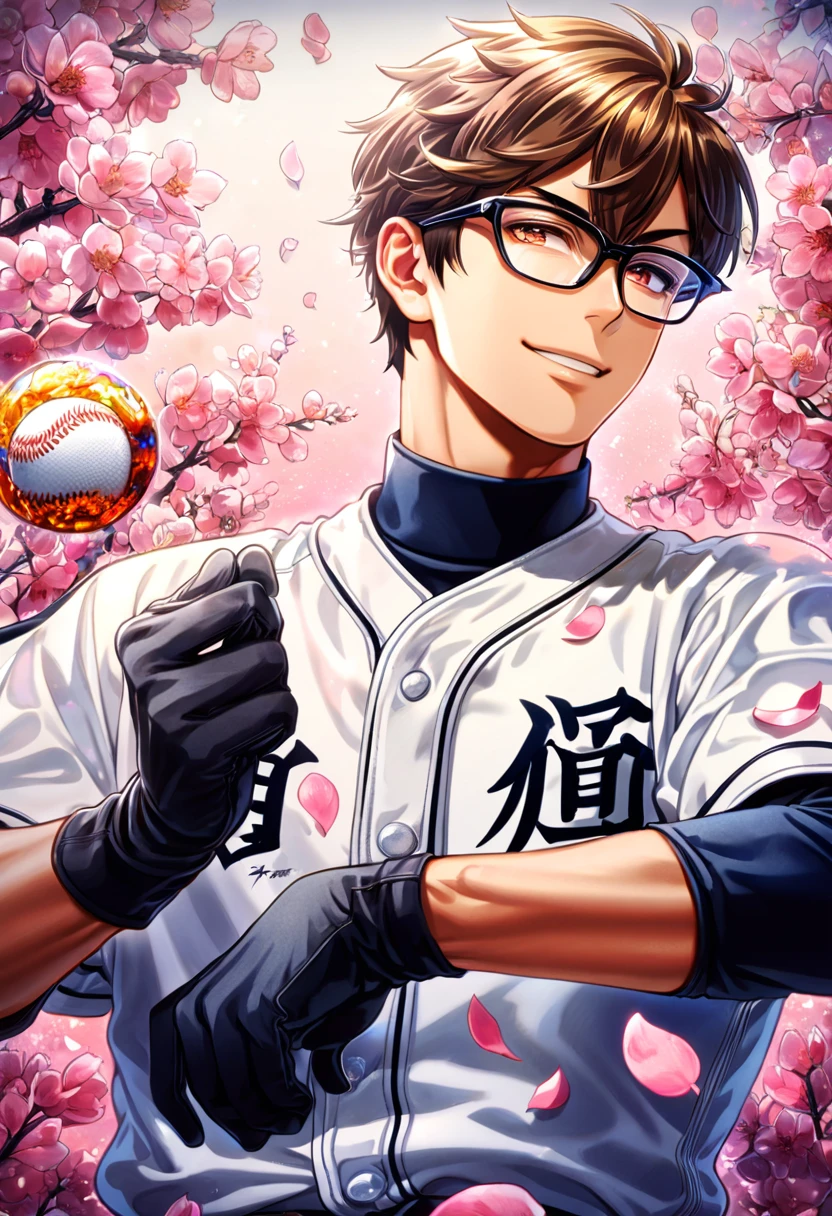 absurdres, highres, ultra detailed, HDR, master piece, Miyuki Kazuya, brown hair, expressive amber eyes, black glasses, white beisbol uniform, black gloves, Diamond No Ace, sexy man, handsome, best quality, blossoms, pink petals, pink flowers, fantasy, magical, solo, handsome smile, water