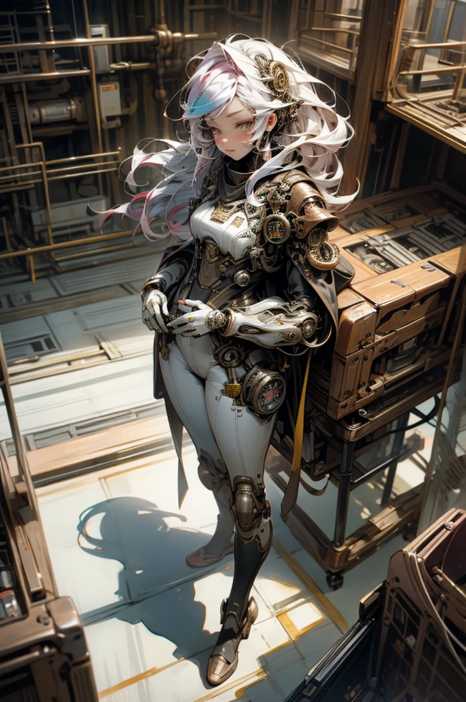 full body shot, High angle, focus on background, laboratory, manga, watercolor, steampunk, masterpiece, best quality, ultra-detailed, extremely detailed, 4K, 8K, a woman, solo, robot suit, robot, beautiful rainbow hair, beautiful white eyes, long hair, mesh, lip, cool, looking at the camera