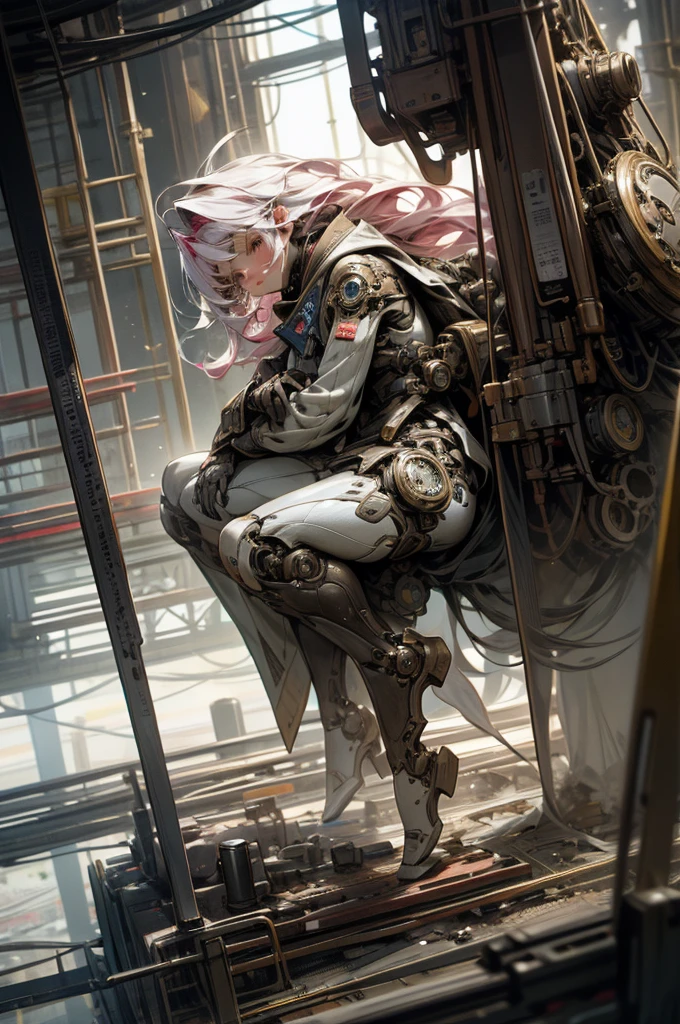 full body shot, High angle, focus on background, laboratory, manga, watercolor, steampunk, masterpiece, best quality, ultra-detailed, extremely detailed, 4K, 8K, a woman, solo, robot suit, robot, beautiful rainbow hair, beautiful white eyes, long hair, mesh, lip, cool, looking at the camera