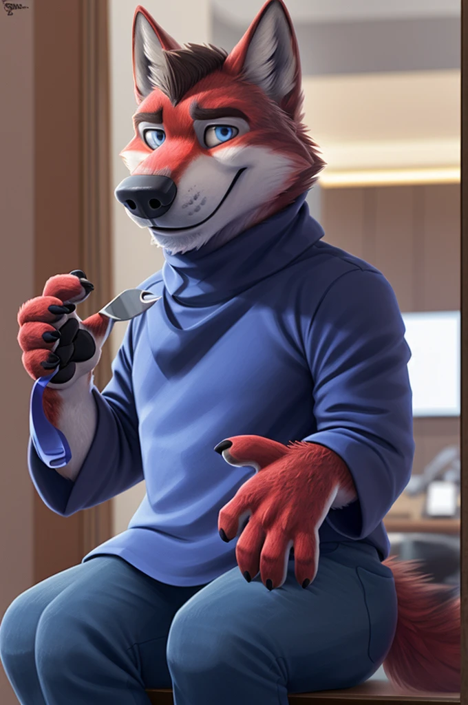 Ivan Fedorovich Wolfbach (Novosibirsk) ,tall handsome, wolf,young, 24 years, brown fur,Kind,(red body:1.3),beautiful blue eyes,Novosibirsk,dressed, turtleneck,apron,jeans,canine, wolf, detailed fur, male,paw pads, finger claws,At the viewer, 5 fingers, paws, 5 fingers, smile, wrist watch, т nextel,by xenoforge, (difficult, high detail, digital photography, soft focus, RAW variety работает парикмахером,Very close to the camera, variety,Novosibirsk, smile, good mood, positive, Very close to the camera, holding scissors, At the hairdresser, stylist doing hairstyle, worth a turtleneck,
Photorealism, realistic, photorealistic, digital style, Subsurface scattering,I look at the viewer,is sitting, looks at the mirror, men's cosmetics,
masterpiece, Best quality, ultra realistic, 8 thousand.)