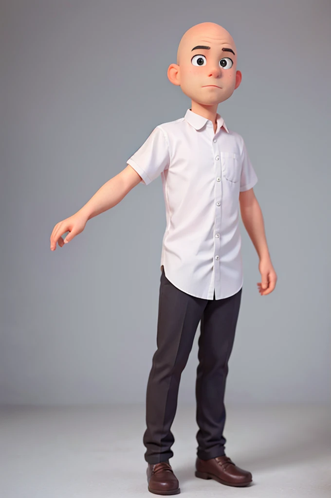 a bald male character cartoon dress shirt, white background standing, like, without hair