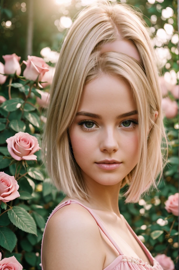 8k, RAW photo, Fujifilm, style photo of a beautiful young woman as avril in a garden of light pink roses (highly detailed skin: 1.2) Style-Petal BREAK short hair, blonde hair with colored locks, wearing a dress, film granulation, 35mm, cute style