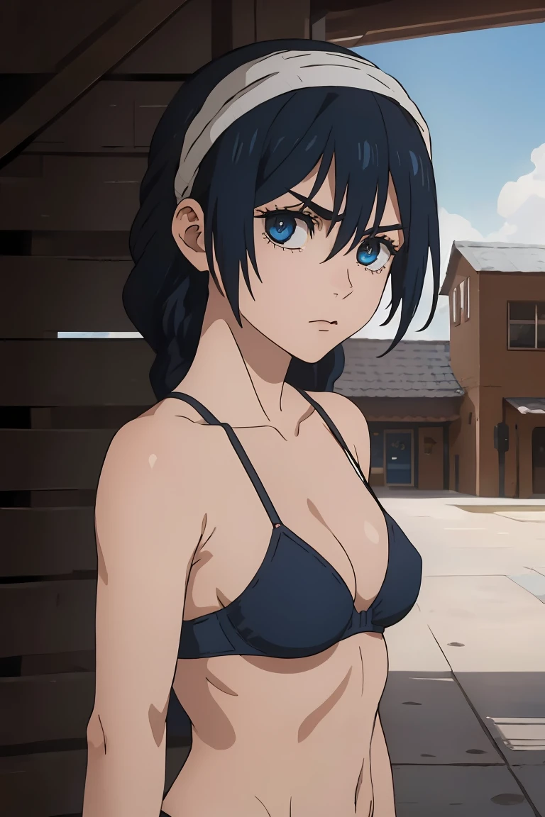 1girl, standing alone, schoolyard, master part, professional art, famousartwork, face perfect,(glare eyes:1), beautiful face, Rico, blue colored eyes, headband, blue hairs, braided hair, cowboy shot, upperbody, cloused mouth, bra black, , NSFW, blackquality hair, Bikini