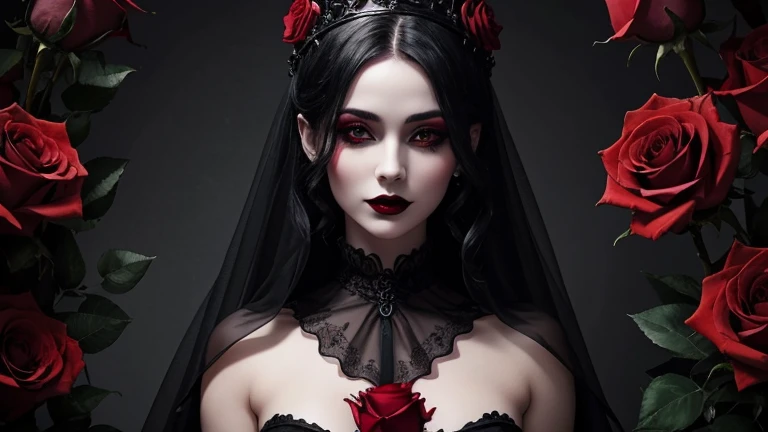 Wonderful woman gothic fair skin goddess queen dress red roses around. black lipstick. Lilith perfect face