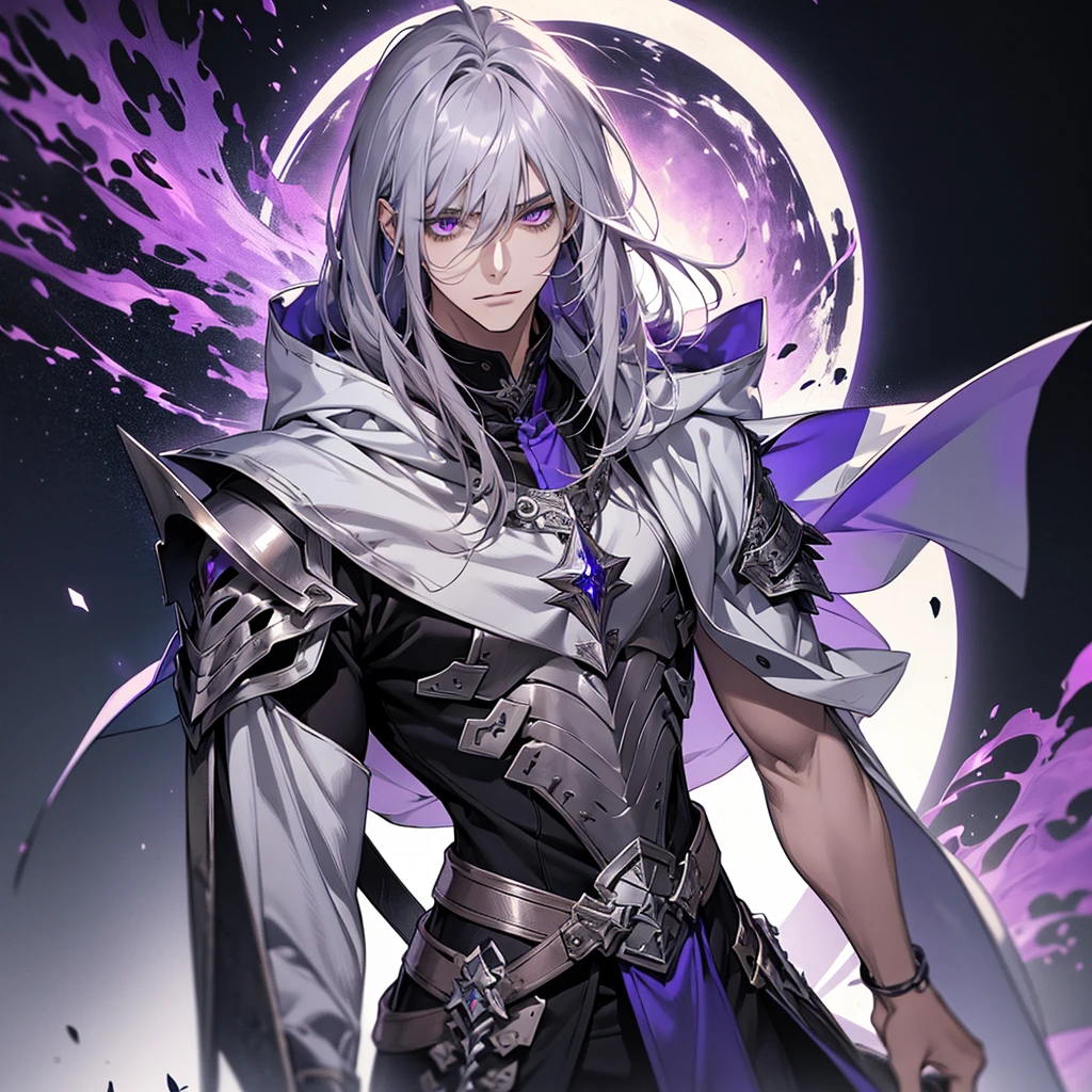 male, messy silver long length hair with bangs, purple eyes, adult face, adult, white hood and shroud, bare torso with pauldron armor, thin lean and handsome, fantasy, sorcerer, see the whole body