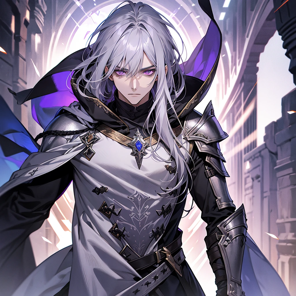 male, messy silver long length hair with bangs, purple eyes, adult face, adult, white hood and shroud, bare torso with pauldron armor, thin lean and handsome, fantasy, sorcerer, see the whole body