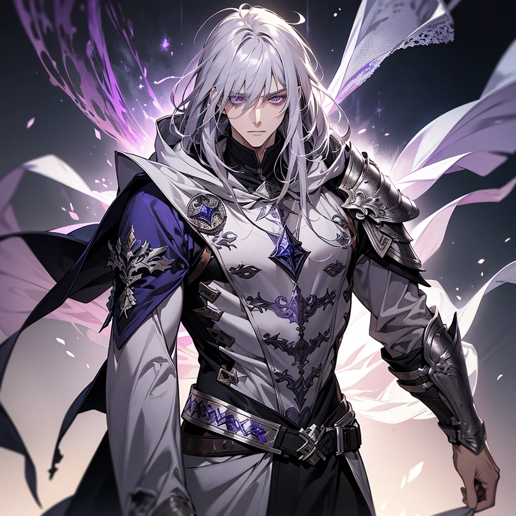 male, messy silver long length hair with bangs, purple eyes, adult face, adult, white hood and shroud, bare torso with pauldron armor, thin lean and handsome, fantasy, sorcerer, see the whole body